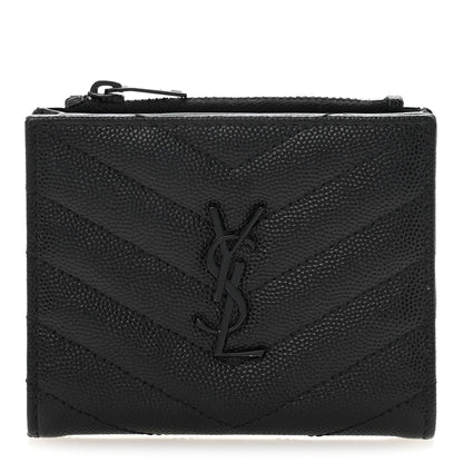 Saint Laurent Grain De Poudre Matelasse Chevron Monogram Zipped Card Case Black 1 of 11