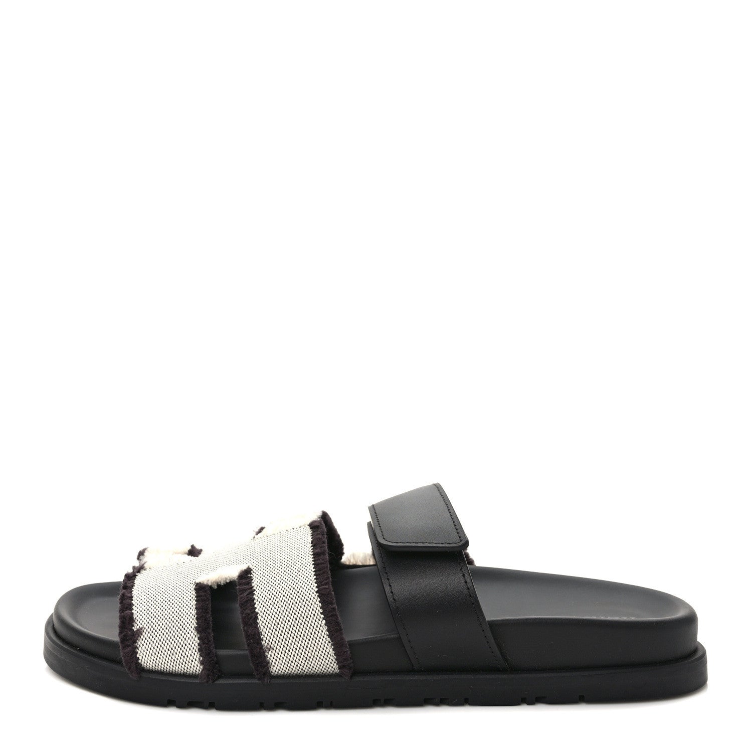 Hermes H Canvas Calfskin Fringed Chypre Sandals 38 Prunoir Black 1 of 9