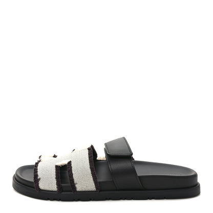 Hermes H Canvas Calfskin Fringed Chypre Sandals 38 Prunoir Black 1 of 9