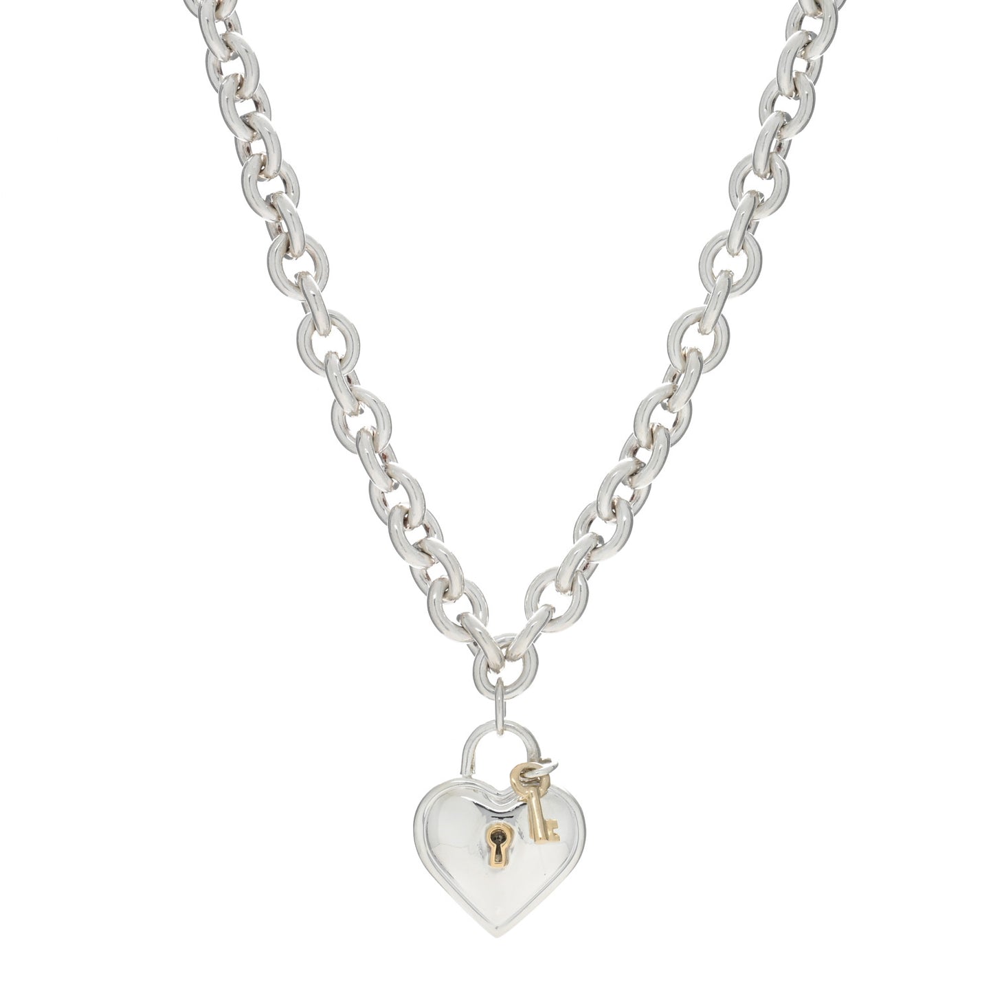 Sterling Silver 18K Yellow Gold Heart Lock Key Pendant Necklace