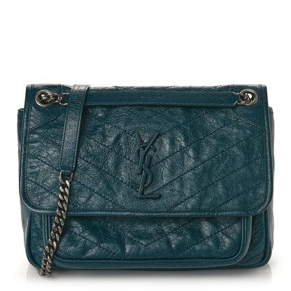 Saint Laurent Crinkled Calfskin Matelasse Monogram Medium Niki Chain Satchel Peacock Green 1 of 10
