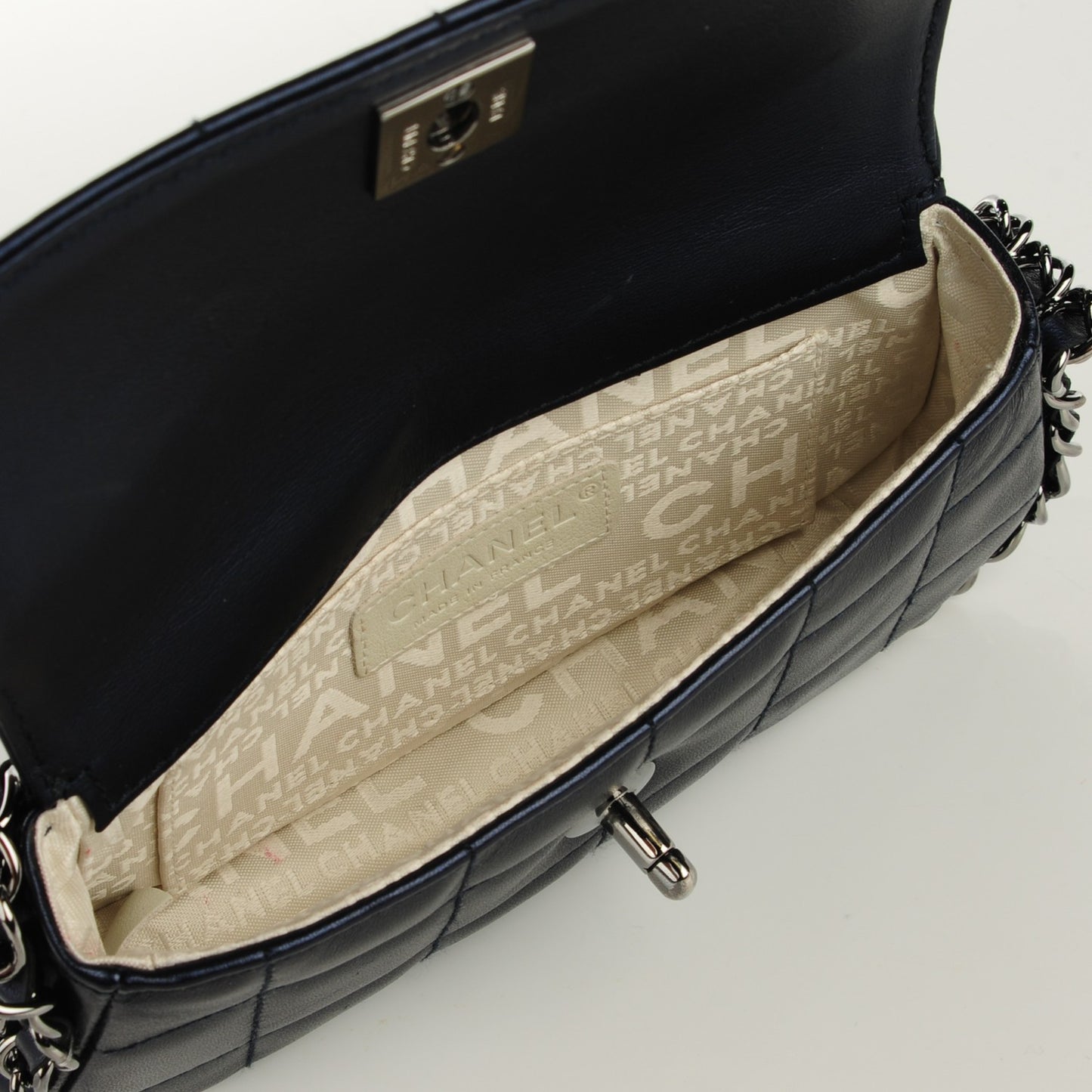 Metallic Lambskin Quilted Chocolate Bar 3 Chain Flap Navy