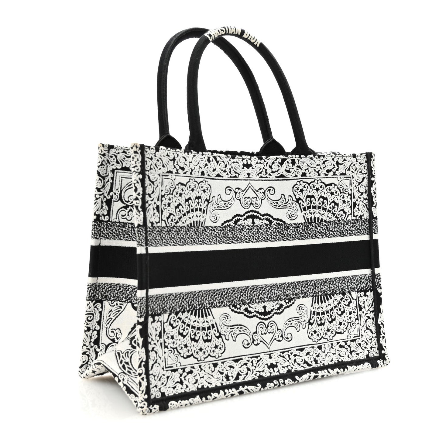 Canvas Embroidered Medium Ornamental Cornely Effect Book Tote Black White