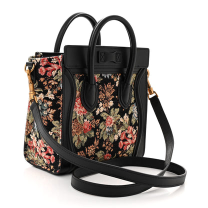 Celine Calfskin Lambskin Canvas Jacquard Floral Nano Luggage Black 3 of 11