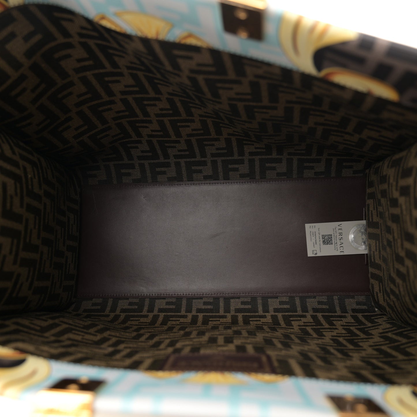 X VERSACE Calfskin Plexiglass Fendace FF Baroque Print Medium Fendi Sunshine Shopper Tote Gold Multicolor