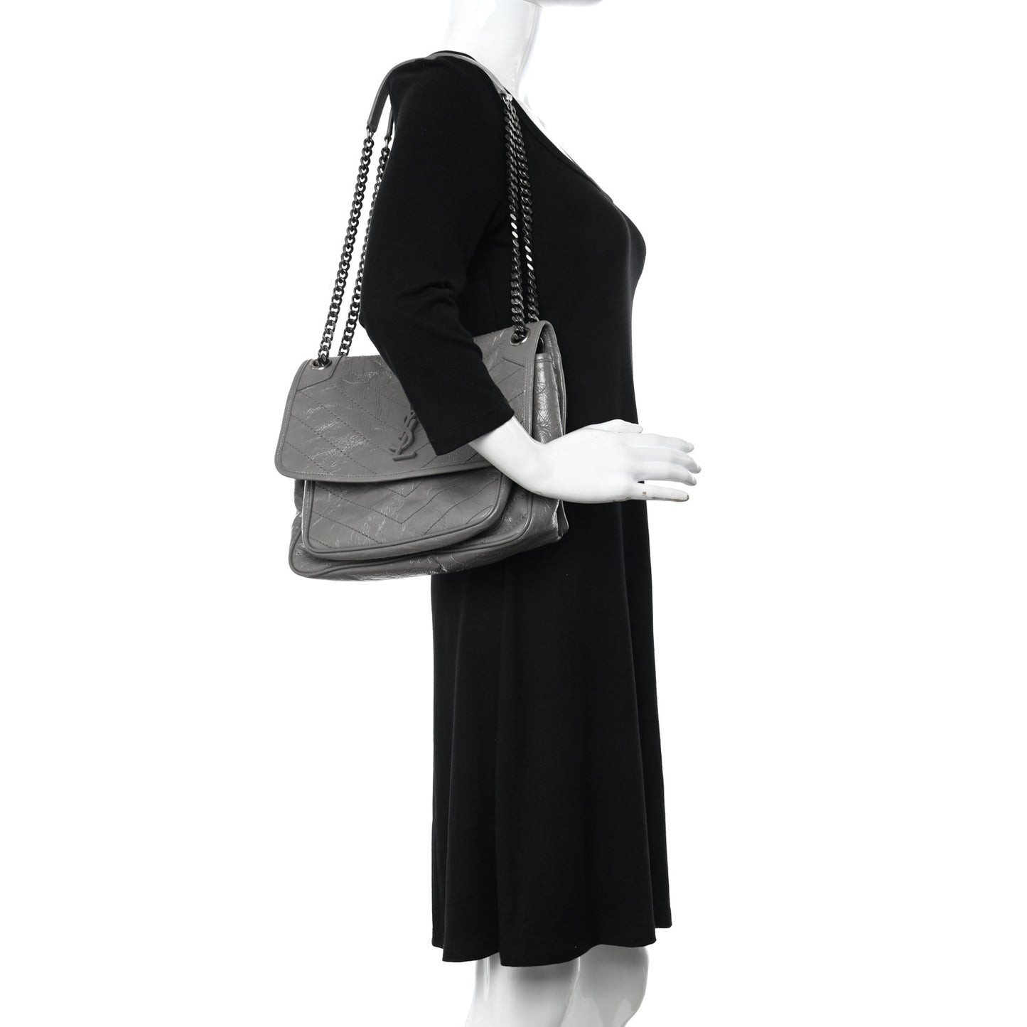 Crinkled Calfskin Matelasse Monogram Medium Niki Chain Satchel Fog