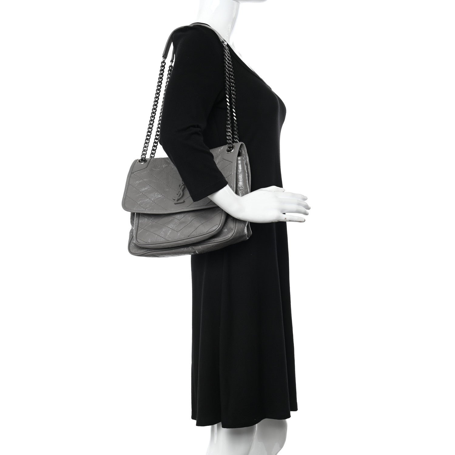 Saint Laurent Crinkled Calfskin Matelasse Monogram Medium Niki Chain Satchel Fog 2 of 10