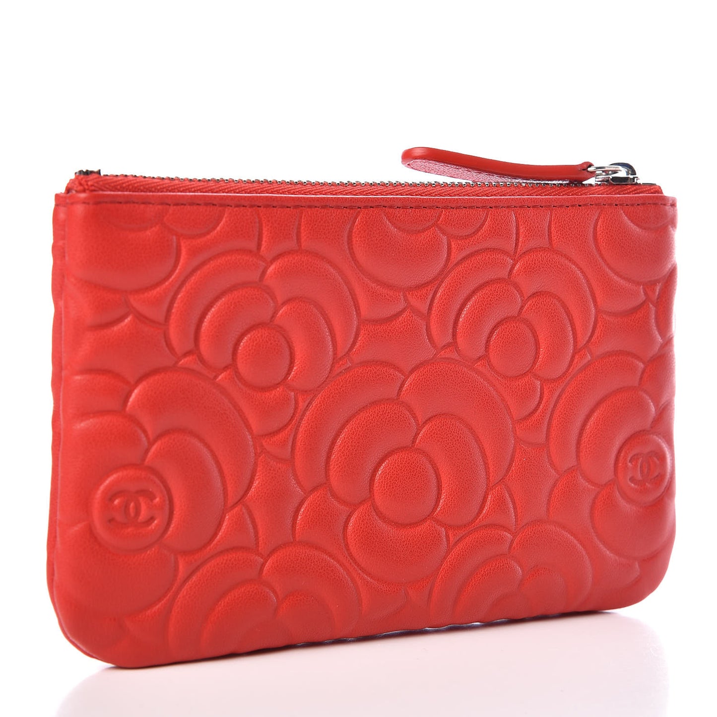 Goatskin Camellia Embossed Cosmetic Pouch Red