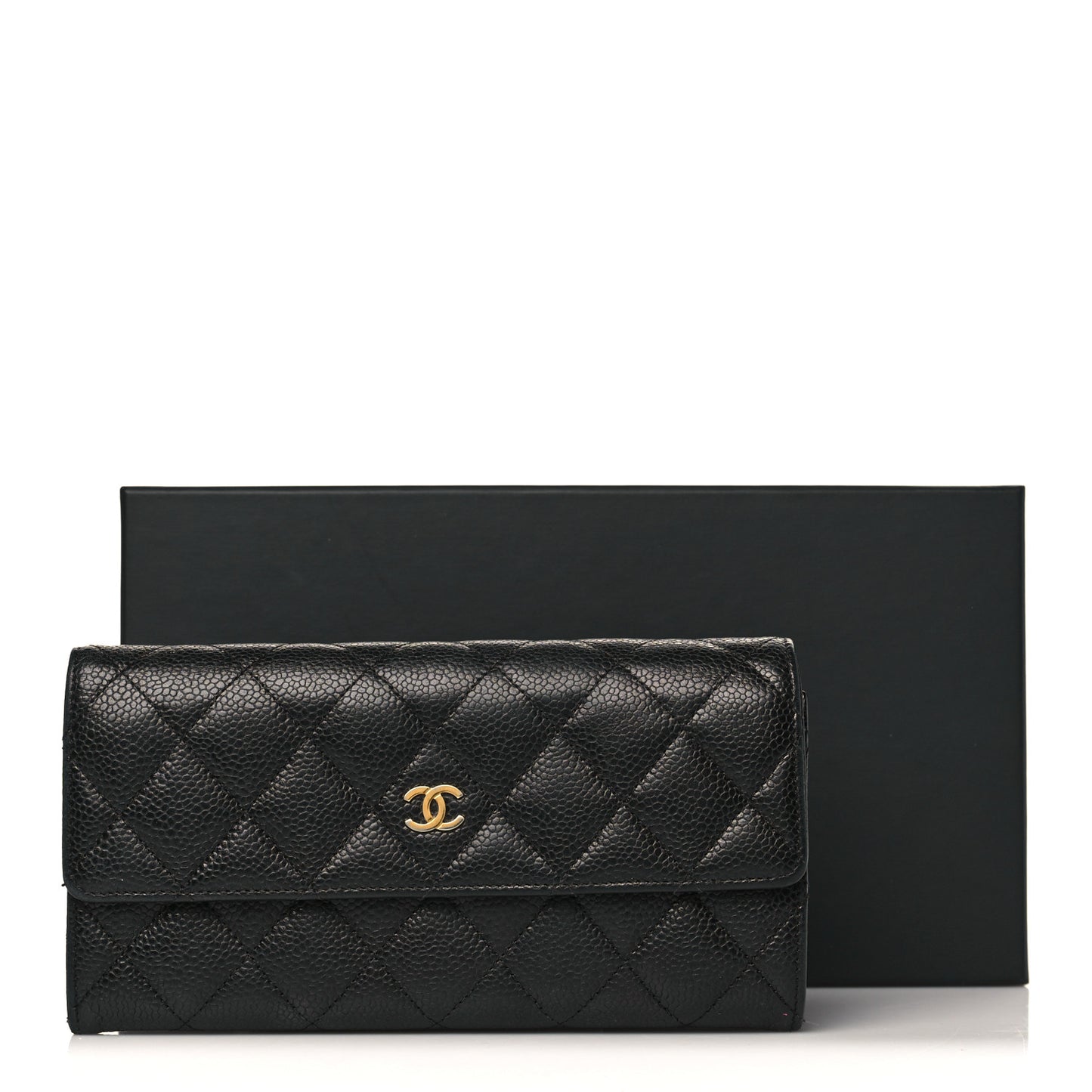 Caviar Quilted Large Gusset Flap Wallet Black