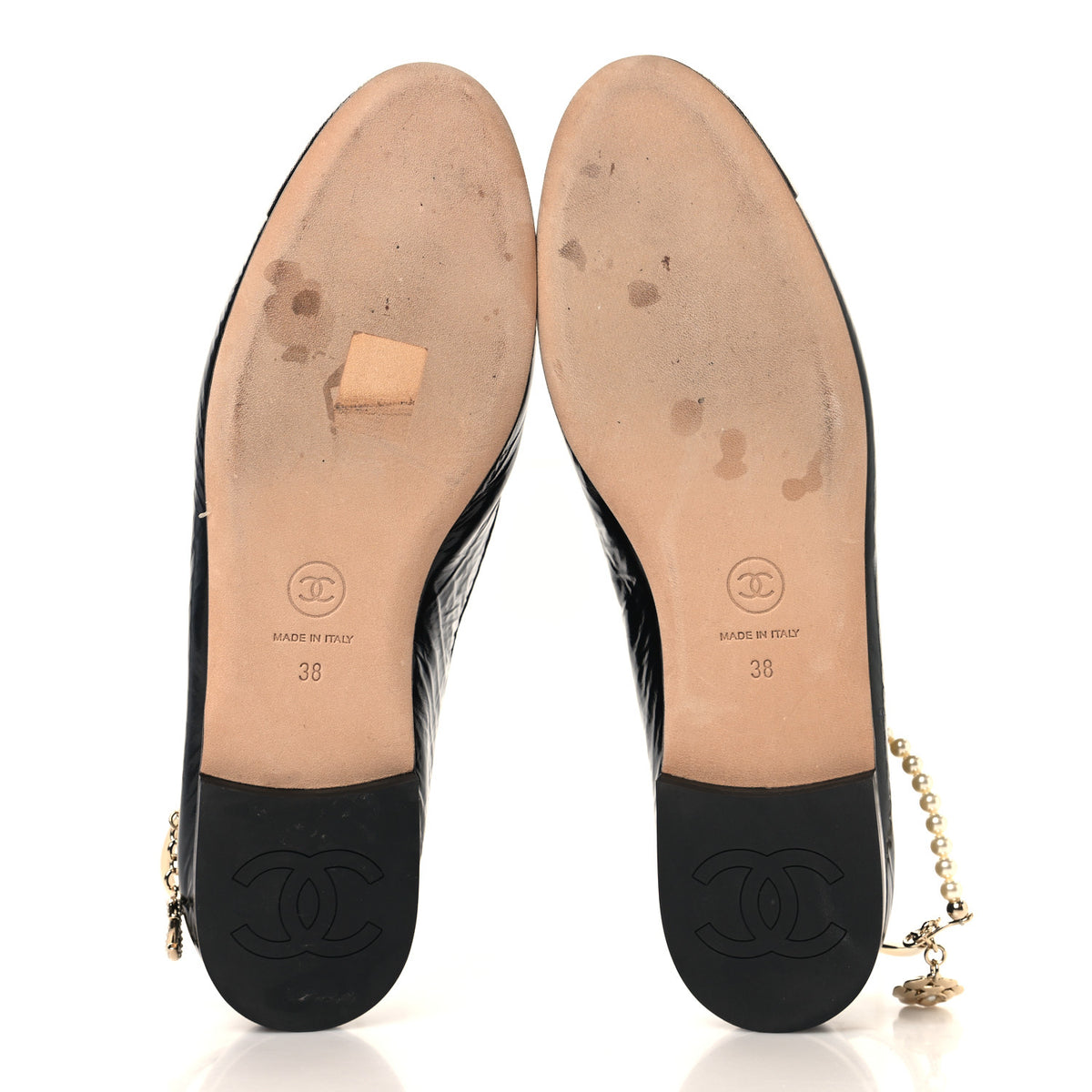Patent Calfskin Cap Toe Ankle Chain Ballerina Flats 38 Black