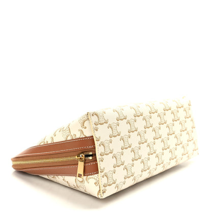 Celine Triomphe Canvas Calfskin Large Cosmetic Pouch White Tan 4 of 7