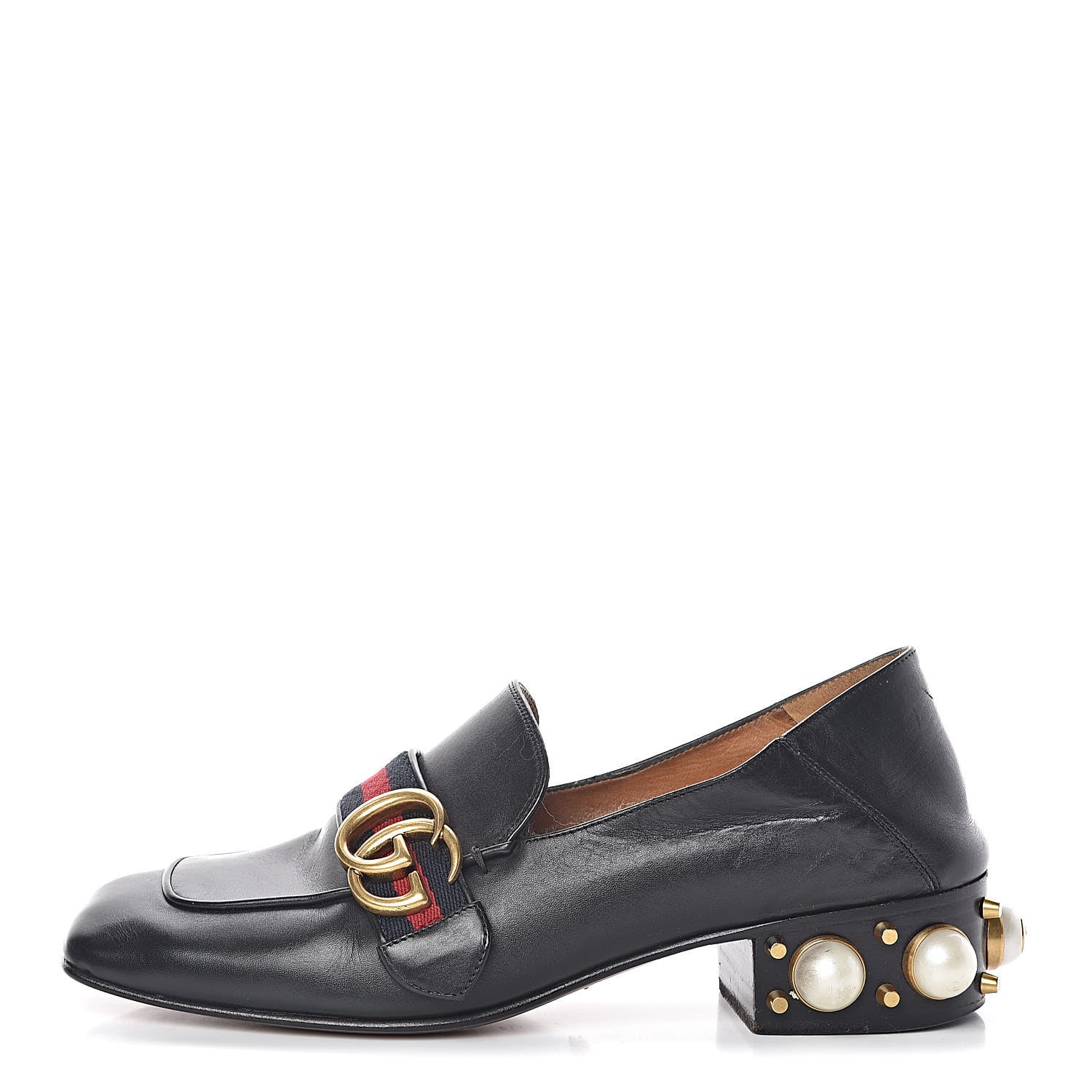 Gucci Betis Glamour Calfskin Web Pearl Embellished Peyton 35mm Loafer Pumps 37 Black 1 of 22
