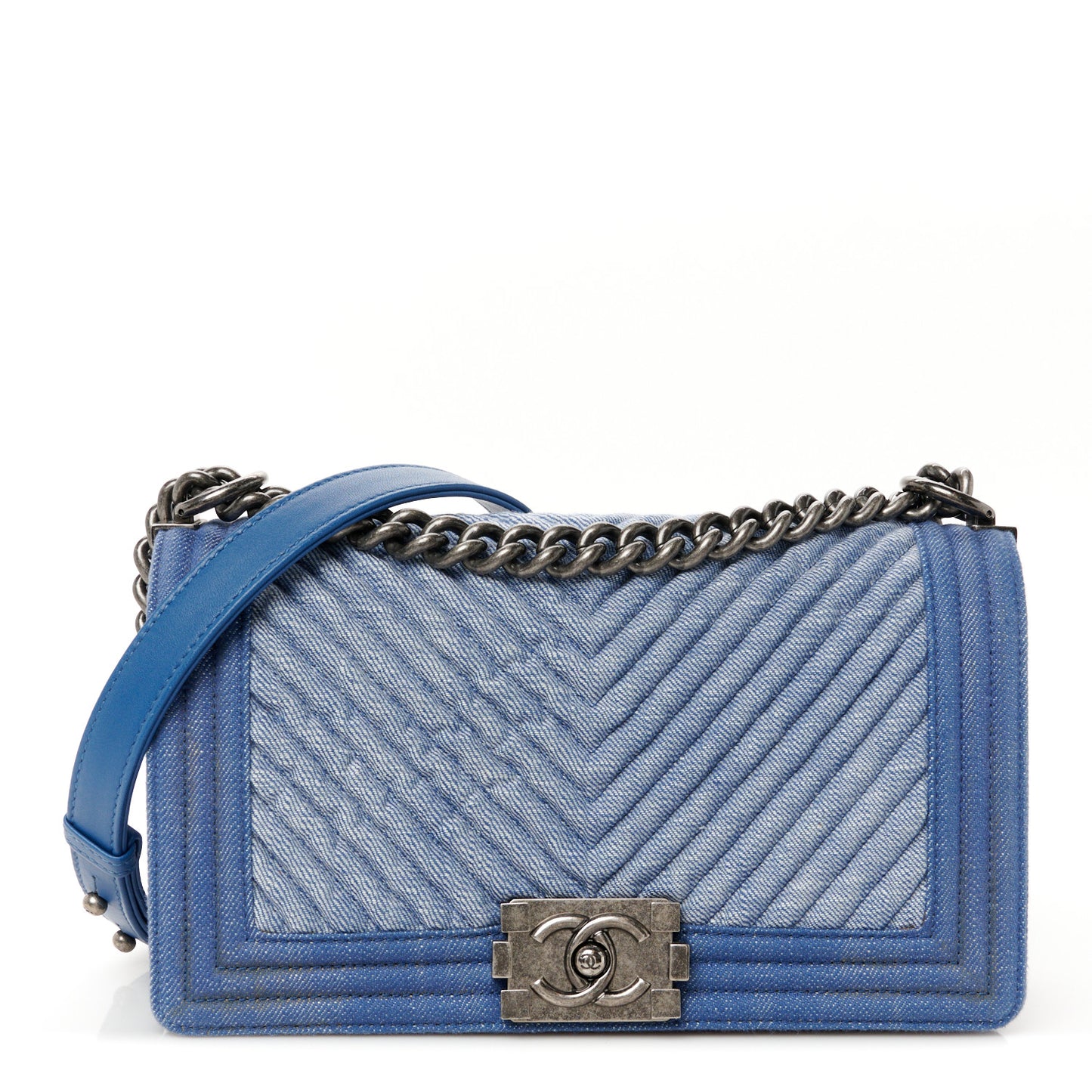 Denim Chevron Quilted Medium Boy Flap Blue