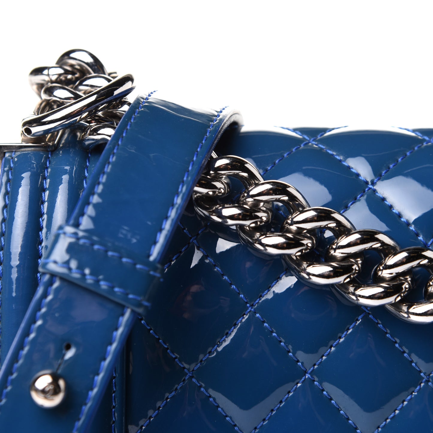 Patent Calfskin Quilted Medium Plexiglass Boy Flap Blue