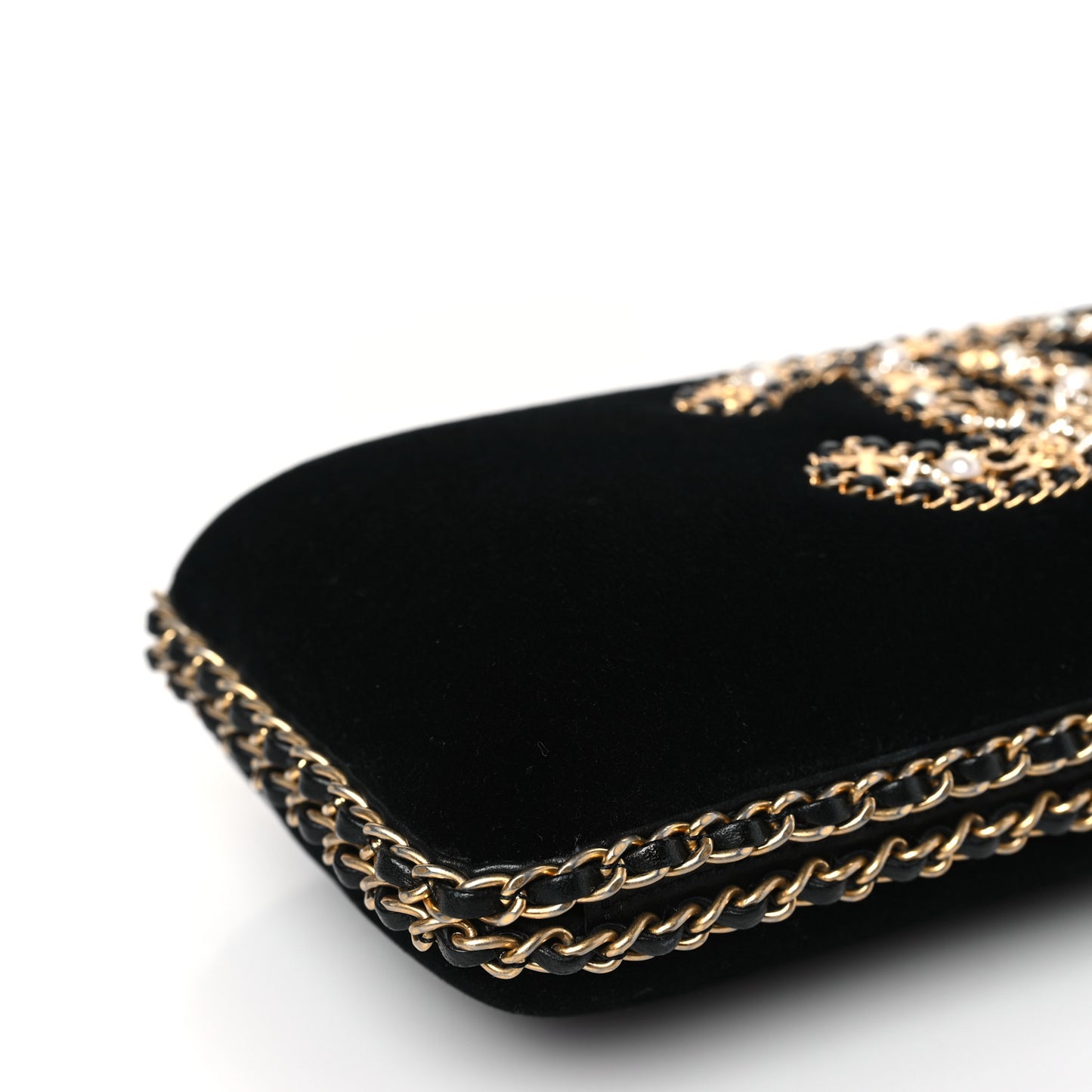 Velvet Pearl Crystal Sergeant Chain Around Evening Clutch Black Gold