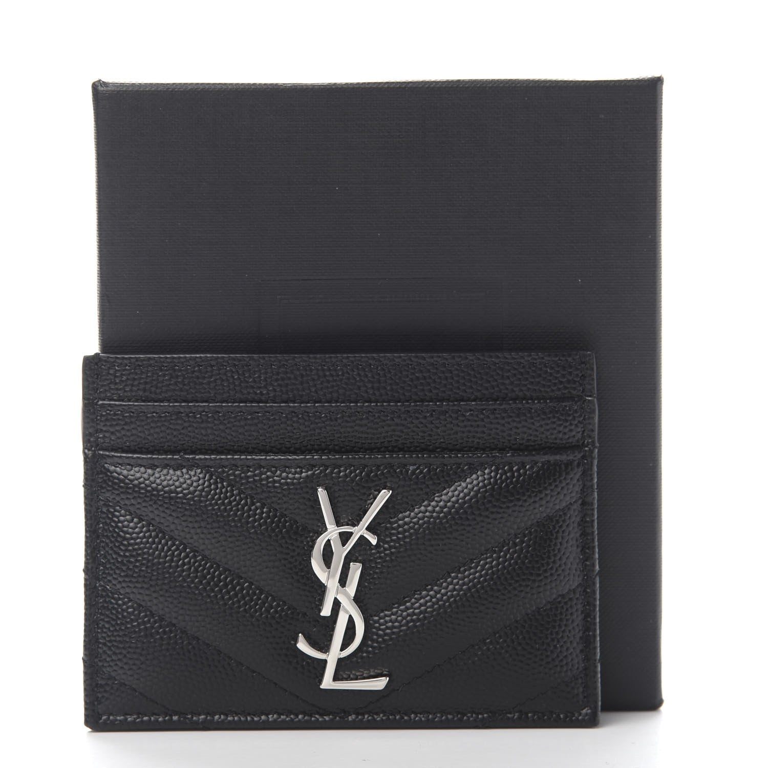 Saint Laurent Grain De Poudre Matelasse Chevron Monogram Credit Card Case Black 9 of 9