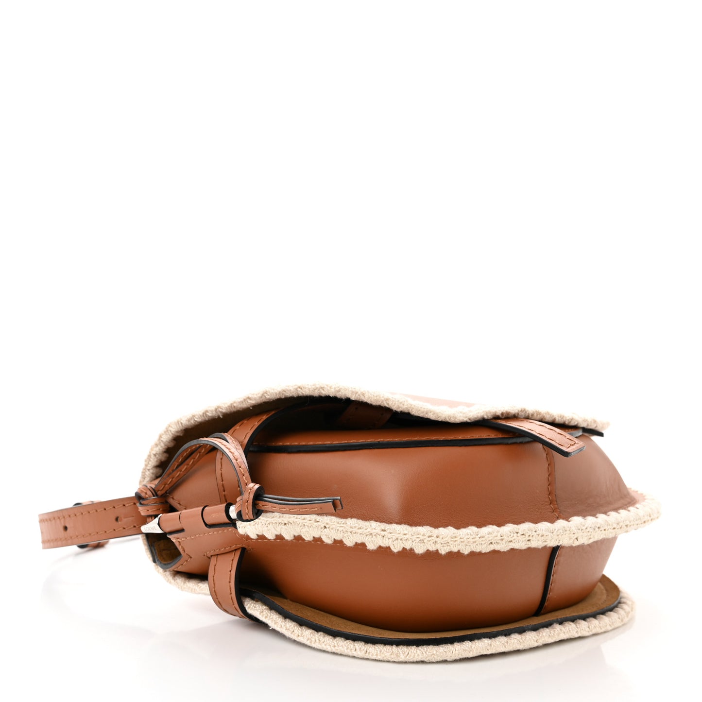 Calfskin Crochet Trim Small Gate Crossbody Bag Tan