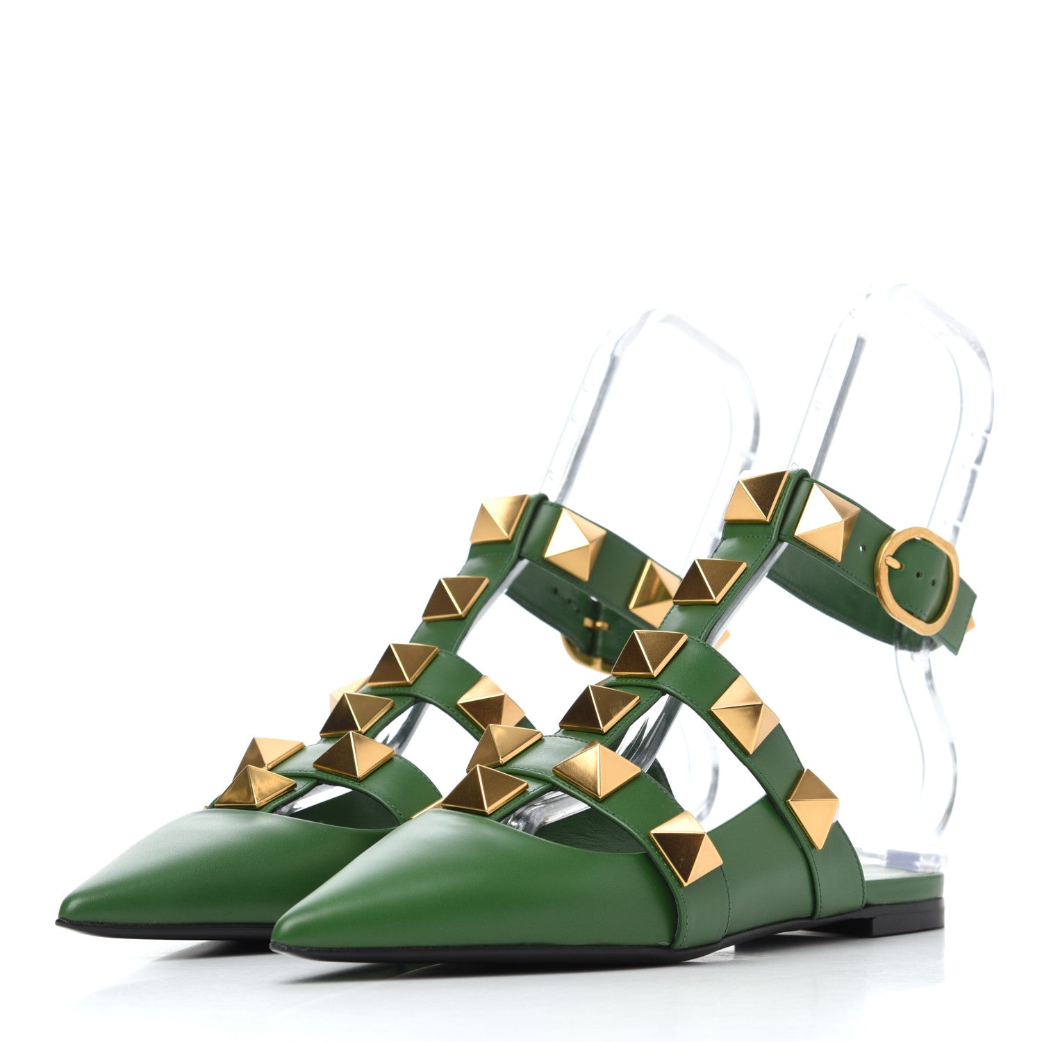 Valentino Garavani Calfskin Roman Stud Ankle Strap Flat Mules 36.5 Fern 3 of 12
