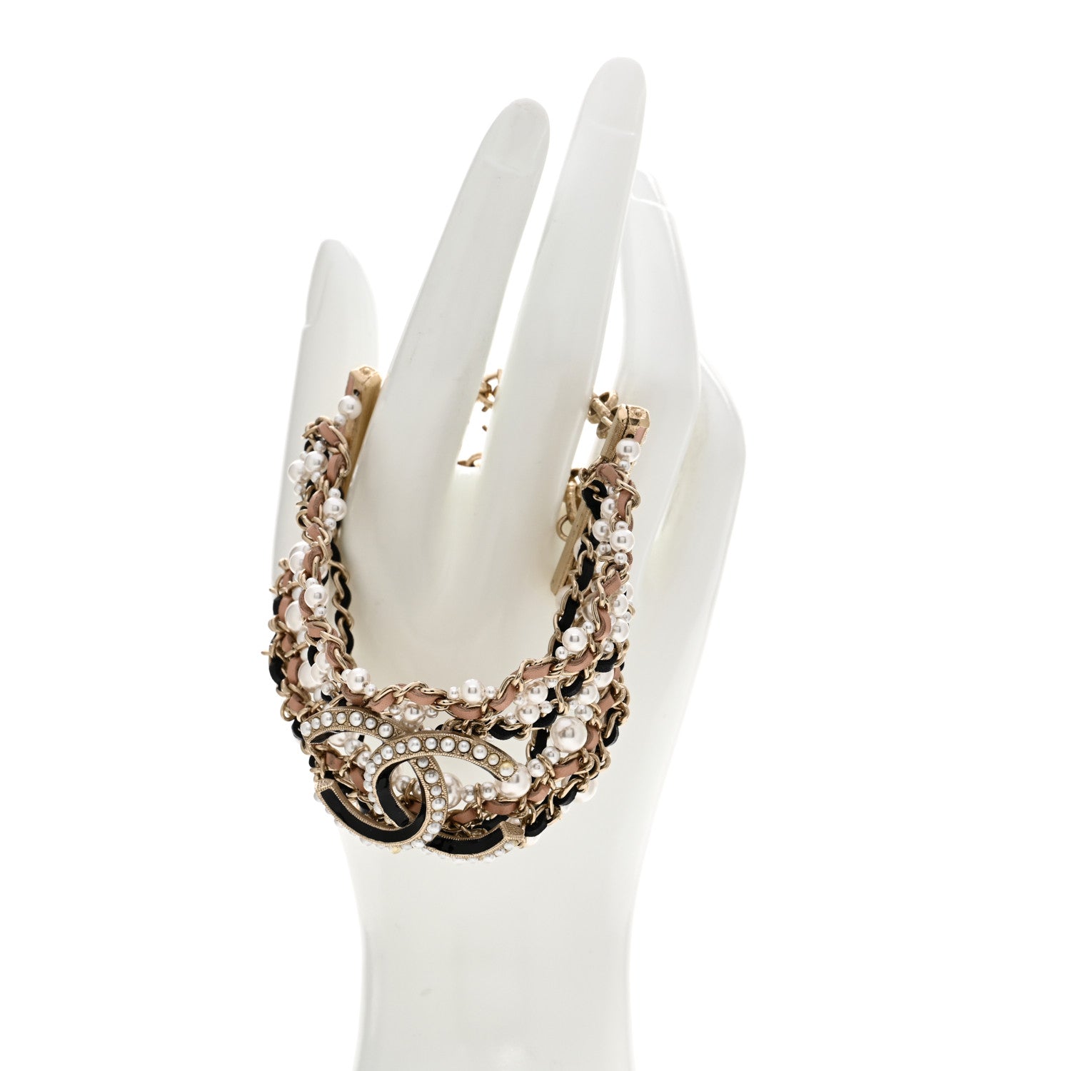 Chanel Pearl Lambskin CC Multistrand Bracelet Gold Black Beige Pink 2 of 6