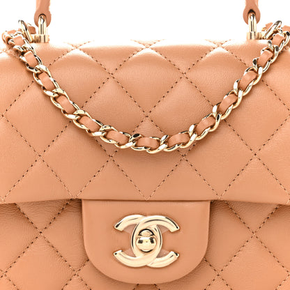 Chanel Lambskin Quilted Mini Top Handle Rectangular Flap Dark Beige 13 of 23