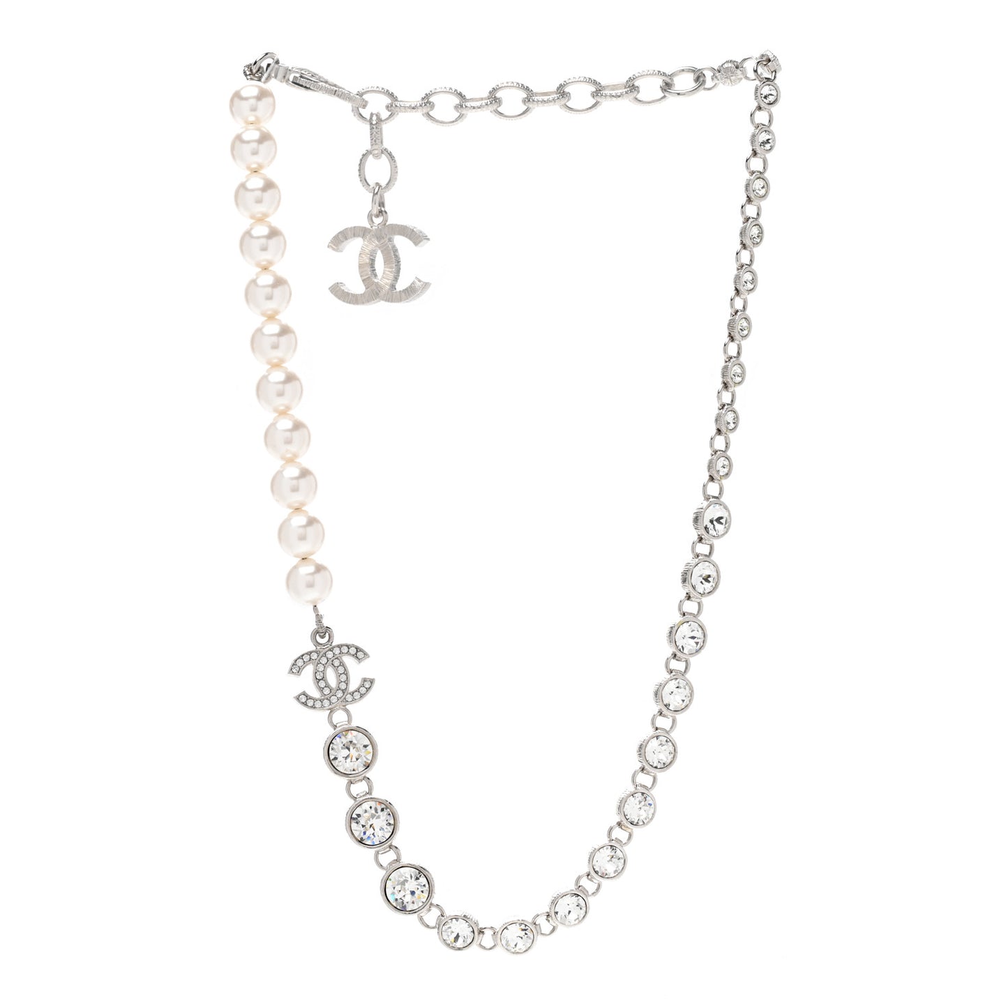 Pearl Crystal CC Choker Necklace Silver