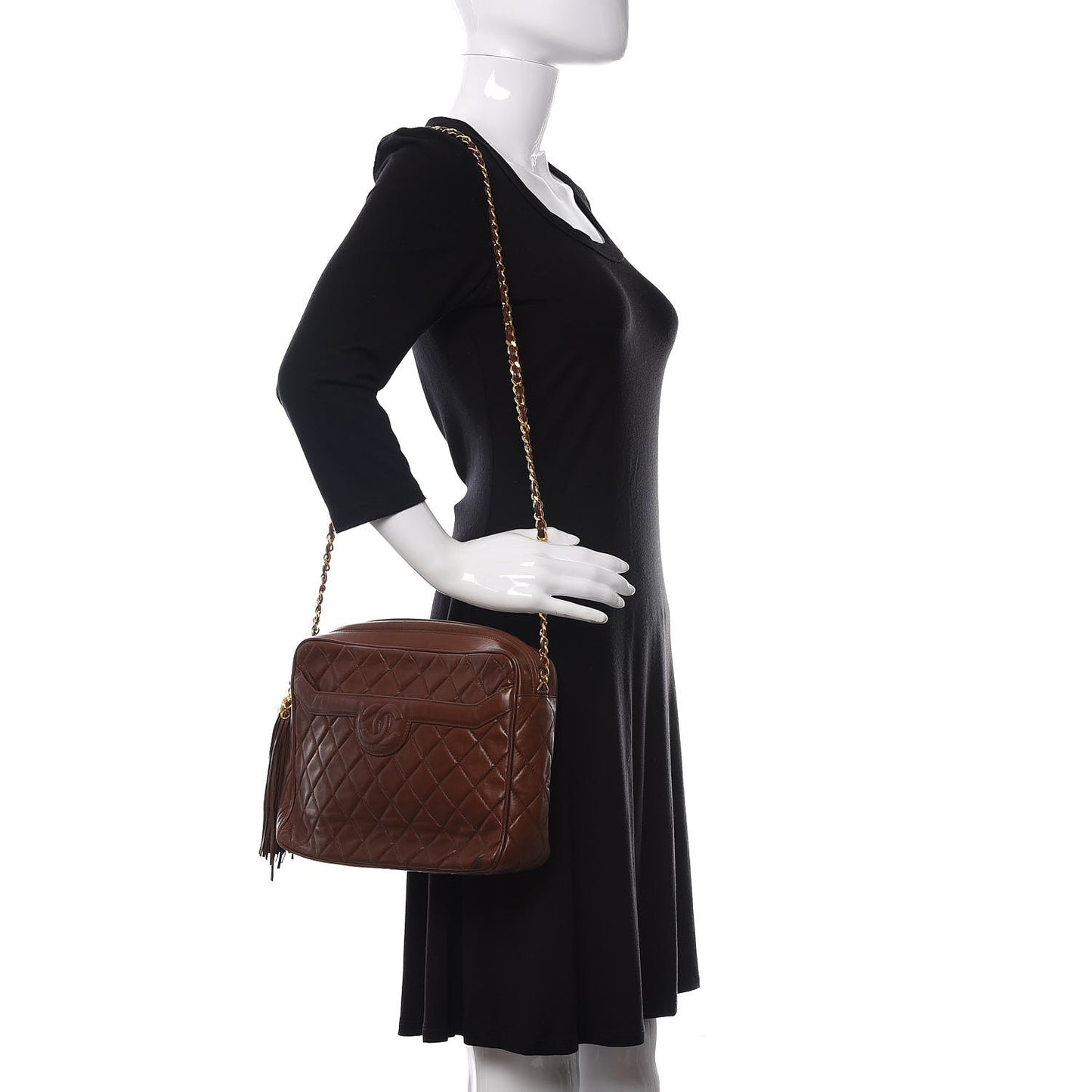 Lambskin Quilted CC Tassel Camera Case Brown