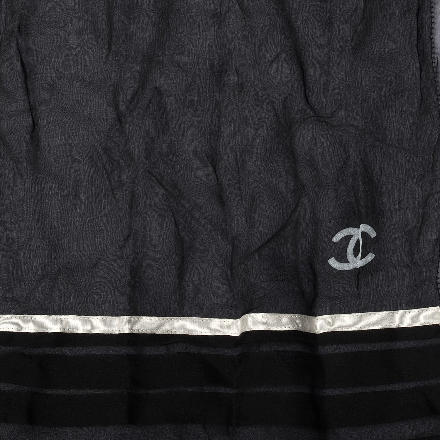 Chanel Silk Mousseline CC Logo Stripe Scarf Black White 1 of 4
