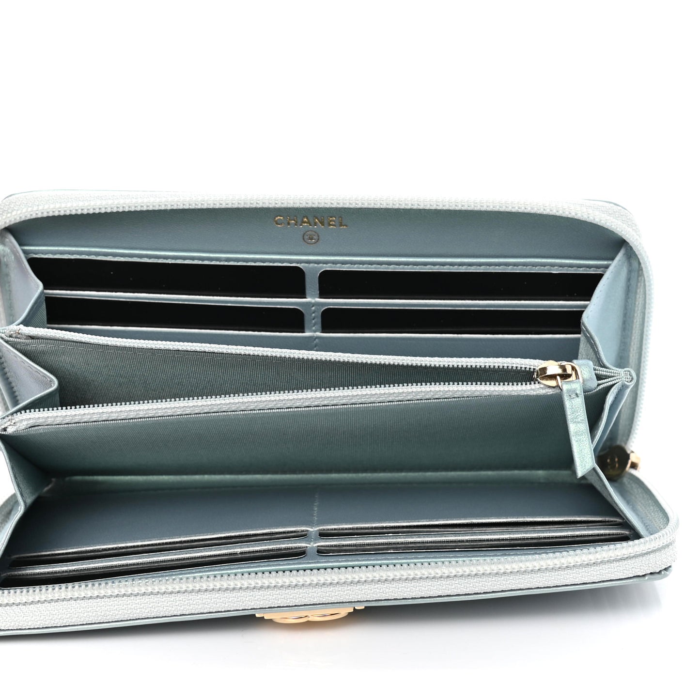Metallic Patent Calfskin Quilted Boy L-Gusset Zip Wallet Light Blue