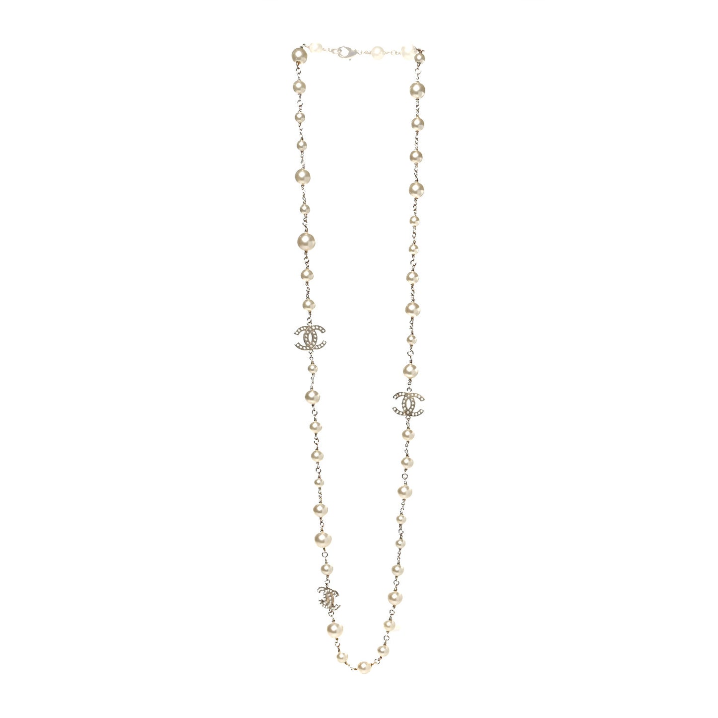 Crystal Pearl CC Long Necklace Gold