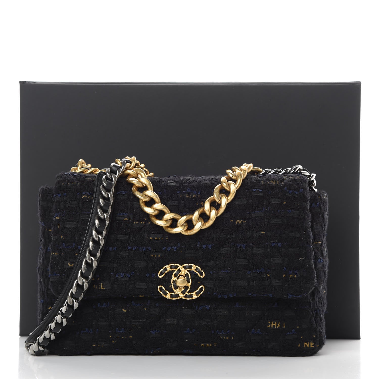 Chanel Tweed Quilted Large 19 Flap Black Navy Gold 11 of 11