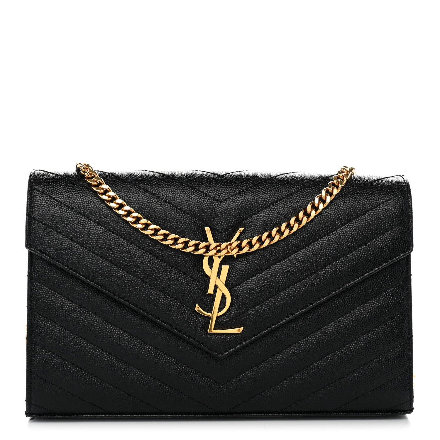 Saint Laurent Grain De Poudre Matelasse Chevron Monogram Chain Wallet Black 1 of 11