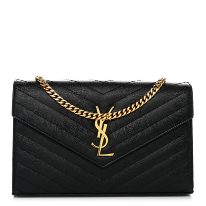 Saint Laurent Grain De Poudre Matelasse Chevron Monogram Chain Wallet Black 1 of 11