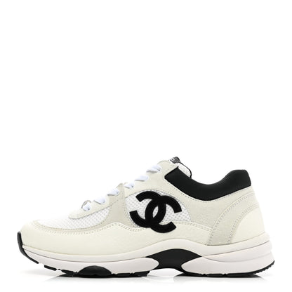 Chanel Mesh Suede Calfskin Grained Calfskin Womens CC Sneakers 38 White Black 1 of 9
