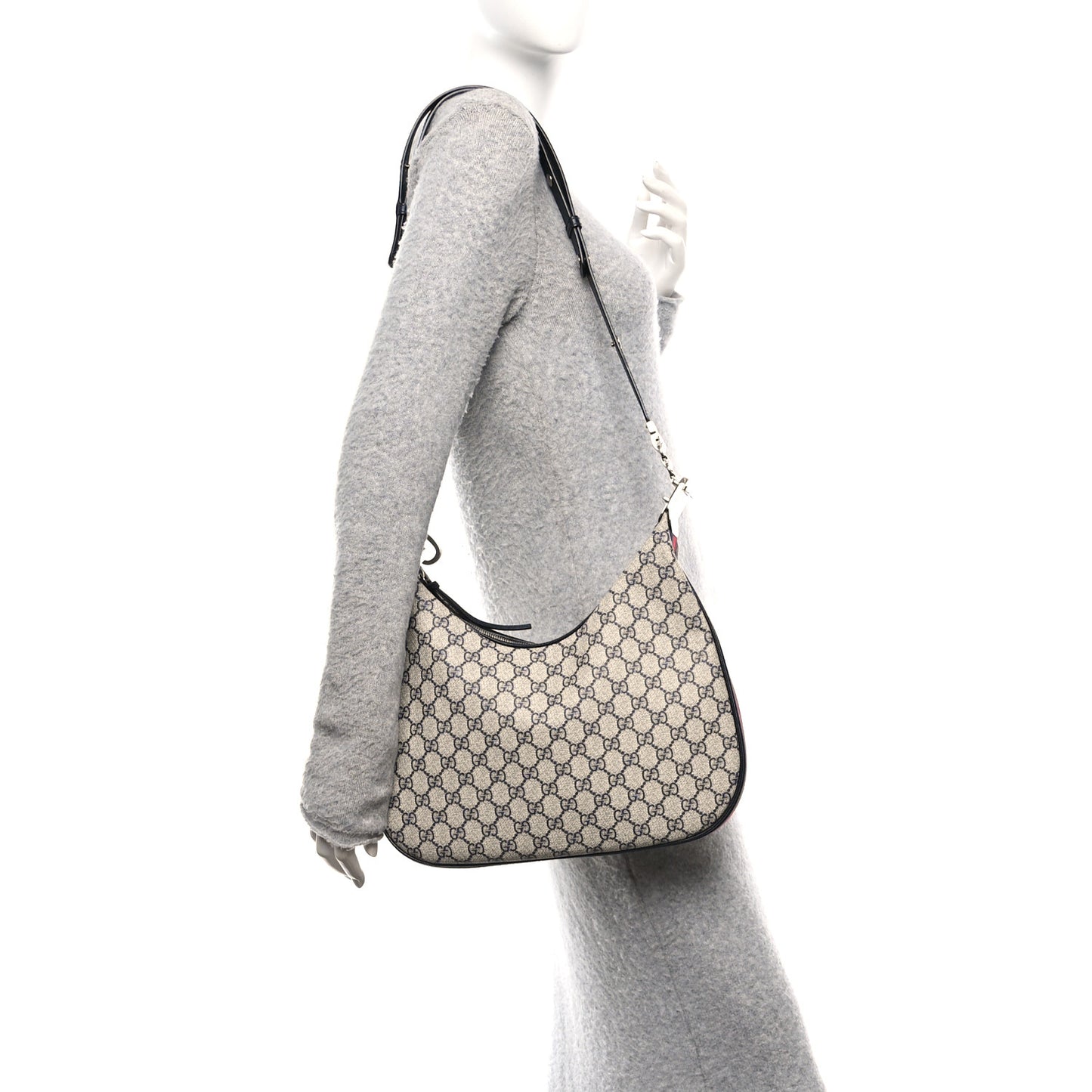 GG Supreme Monogram Textured Calfskin Web Large Attache Shoulder Bag Beige Blue