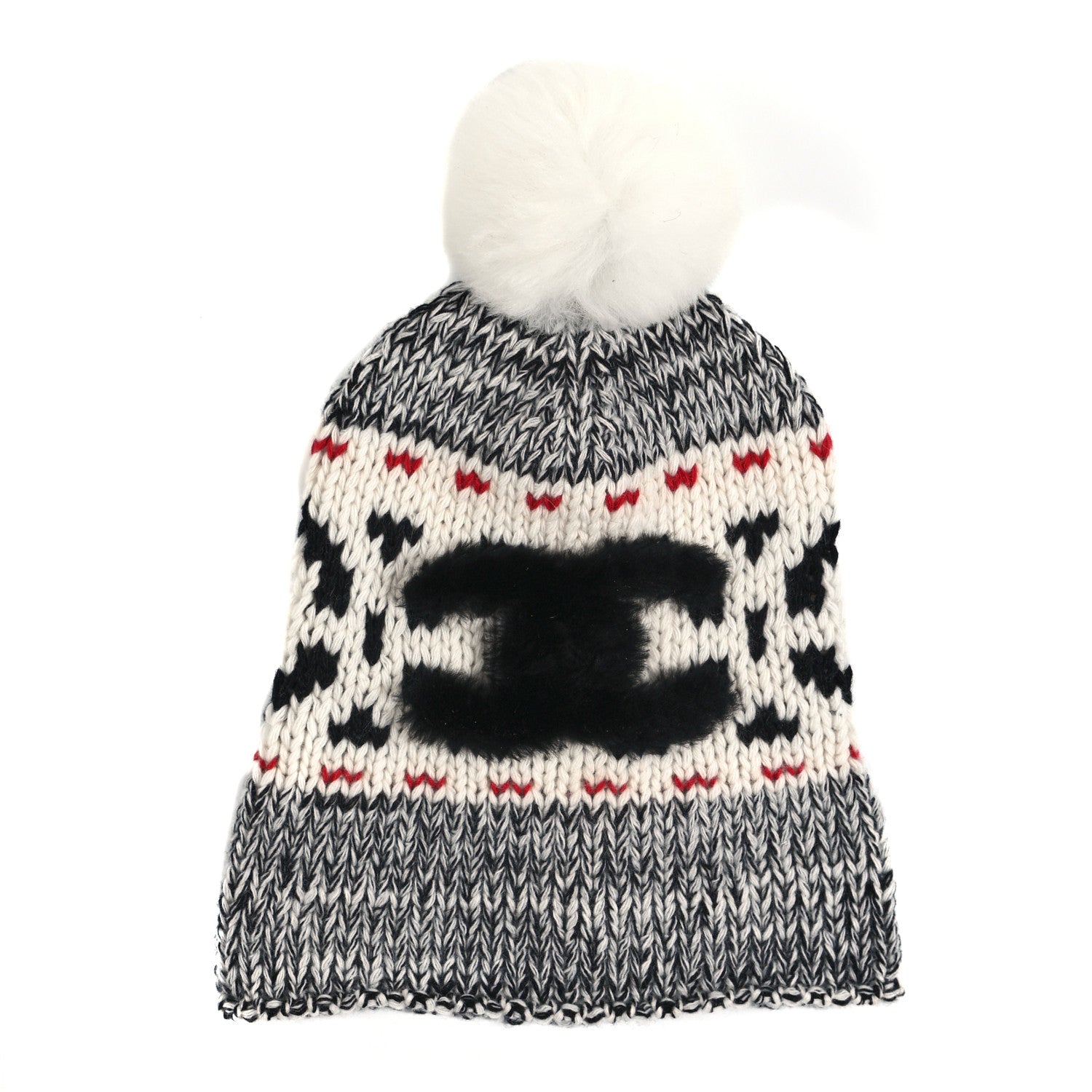 Chanel Wool Shearling CC Beanie Hat Ivory Black Red 1 of 4