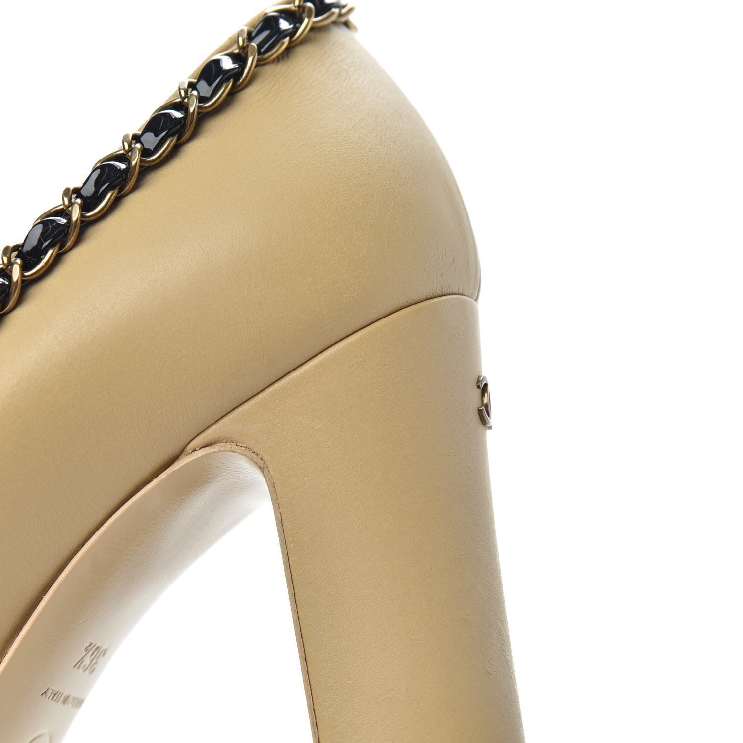 Chanel Calfskin Patent Calfskin Chain Cap Toe Pumps 36.5 Beige Black 10 of 11