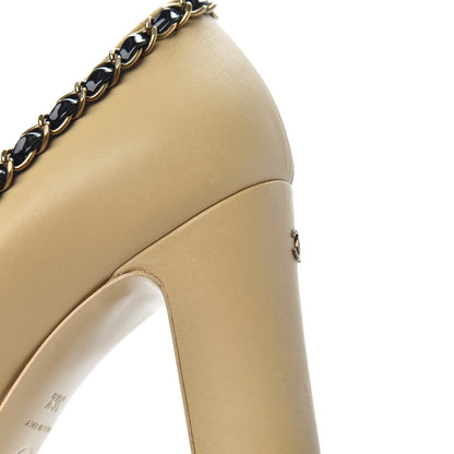 Chanel Calfskin Patent Calfskin Chain Cap Toe Pumps 36.5 Beige Black 10 of 11