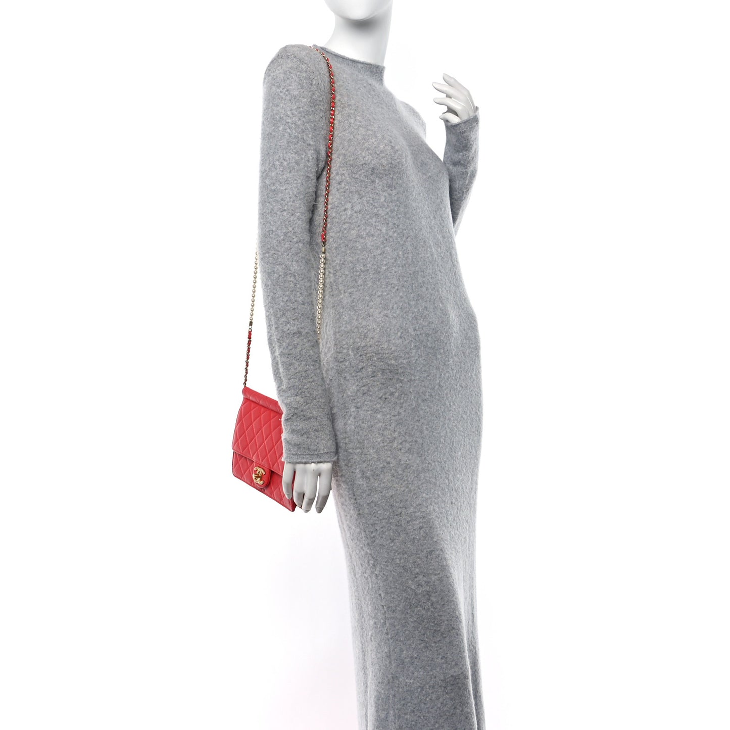 Lambskin Quilted Large Pearl Chain Flap Bag Red