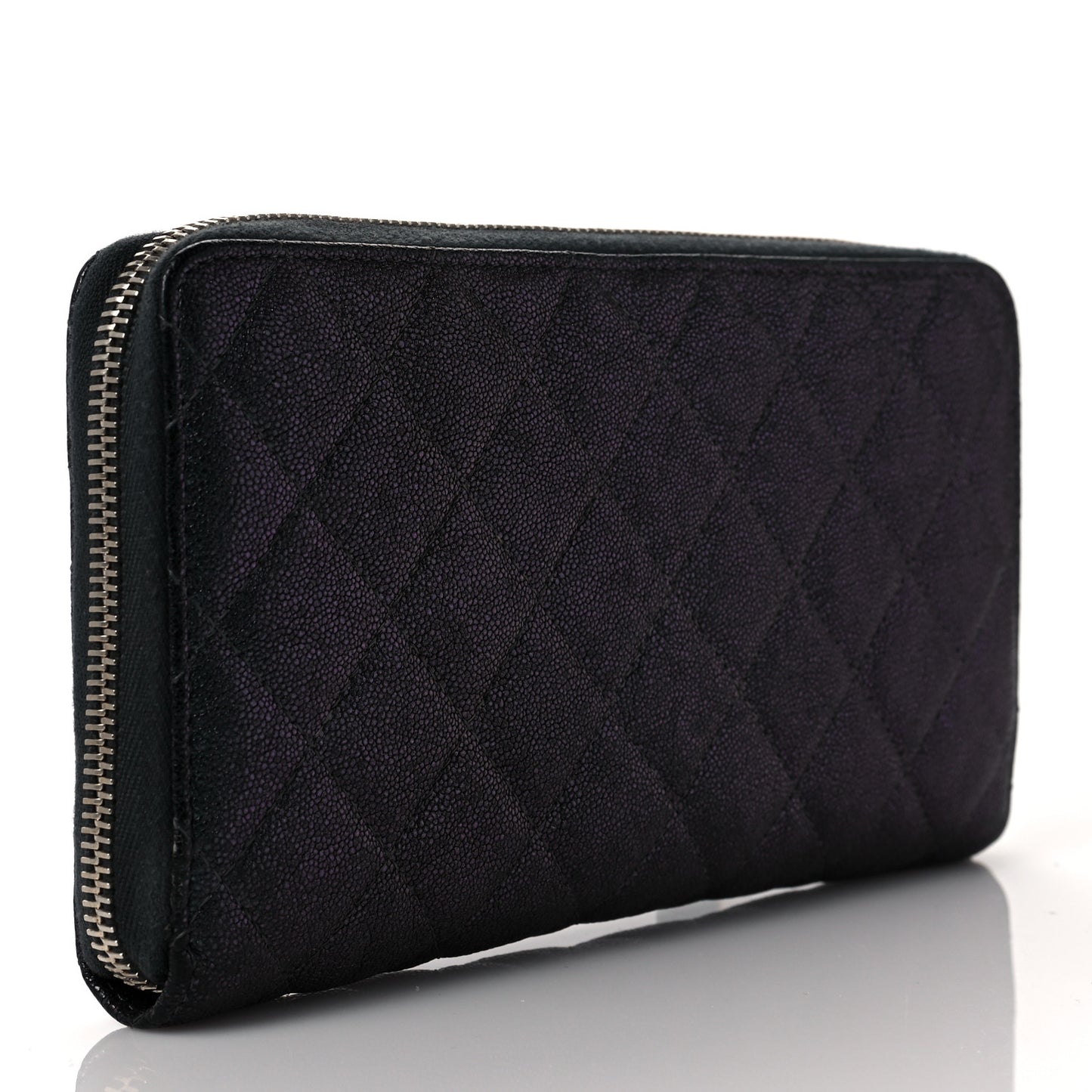 Iridescent Caviar Quilted Large Zip Around Organizer Wallet Black