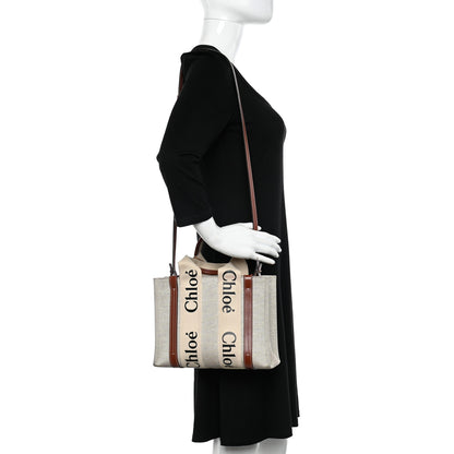 Chloe Cotton Calfskin Small Woody Ribbon Tote With Strap White Brown 2 of 11