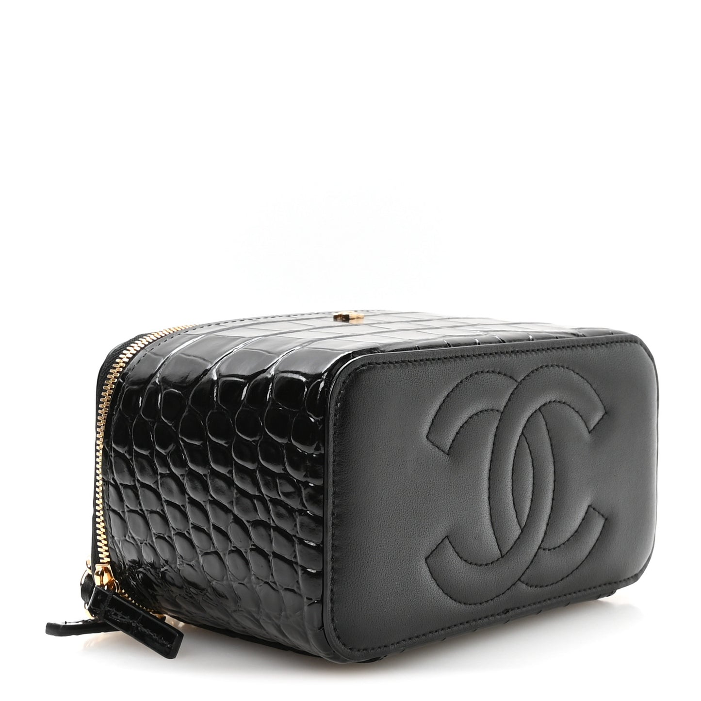 Calfskin Crocodile Embossed Exoticoco Small Top Handle Vanity Case With Chain Black