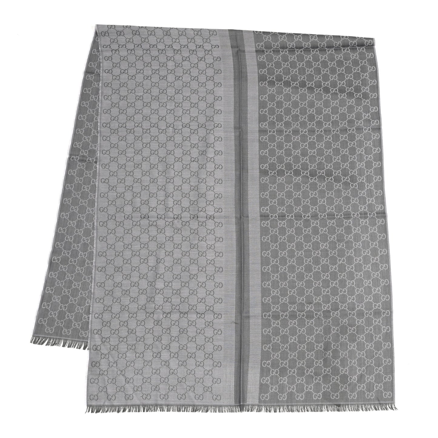 Wool Silk GG Monogram GGWeblong Fringe Scarf Shawl Pearl Medium Grey