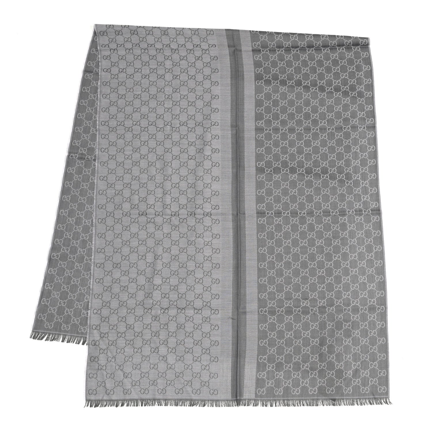 Gucci Wool Silk GG Monogram GGWeblong Fringe Scarf Shawl Pearl Medium Grey 2 of 5