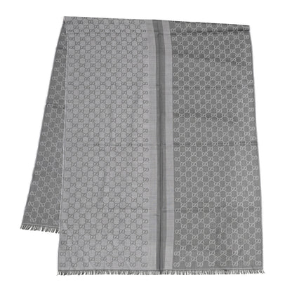 Gucci Wool Silk GG Monogram GGWeblong Fringe Scarf Shawl Pearl Medium Grey 2 of 5