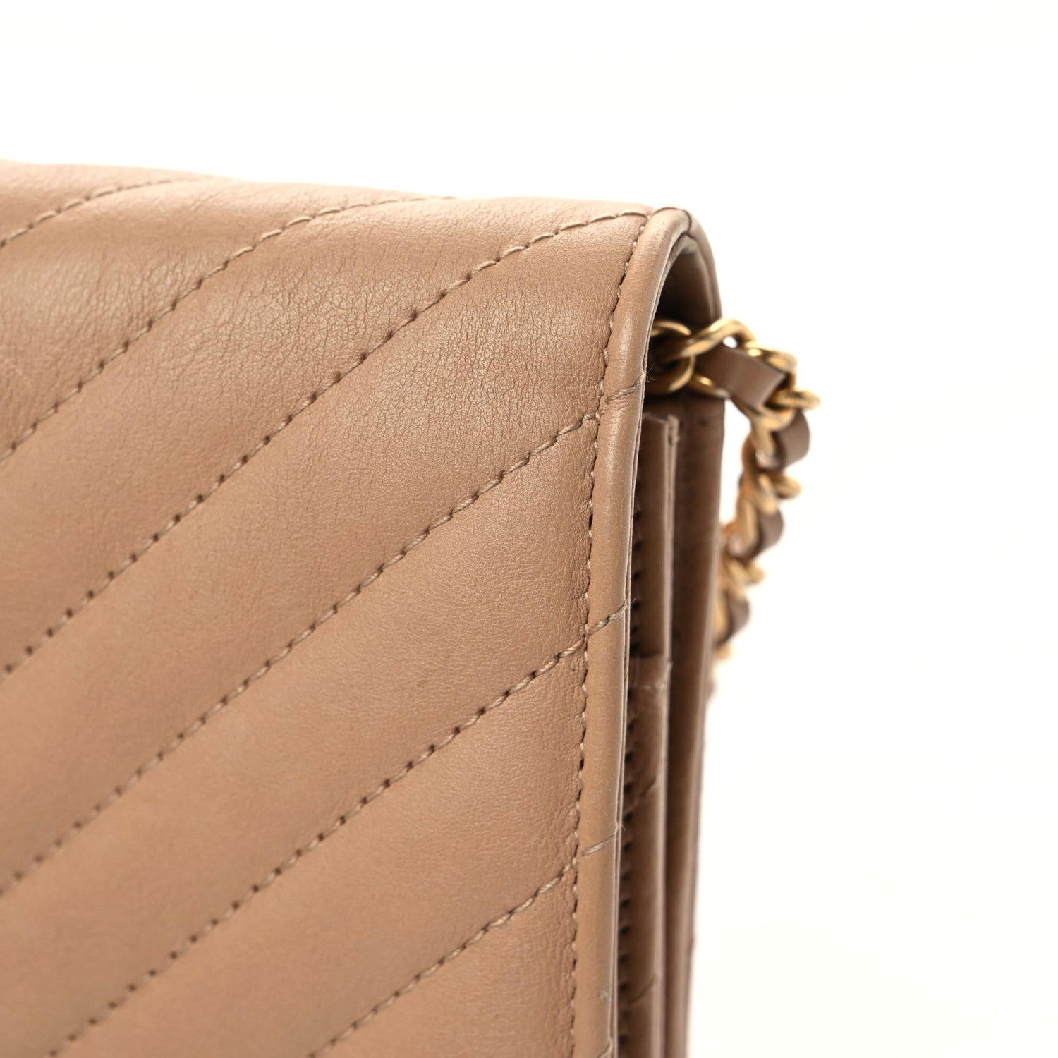 Chanel Calfskin Chevron Quilted Wallet On Chain WOC Beige 9 of 19