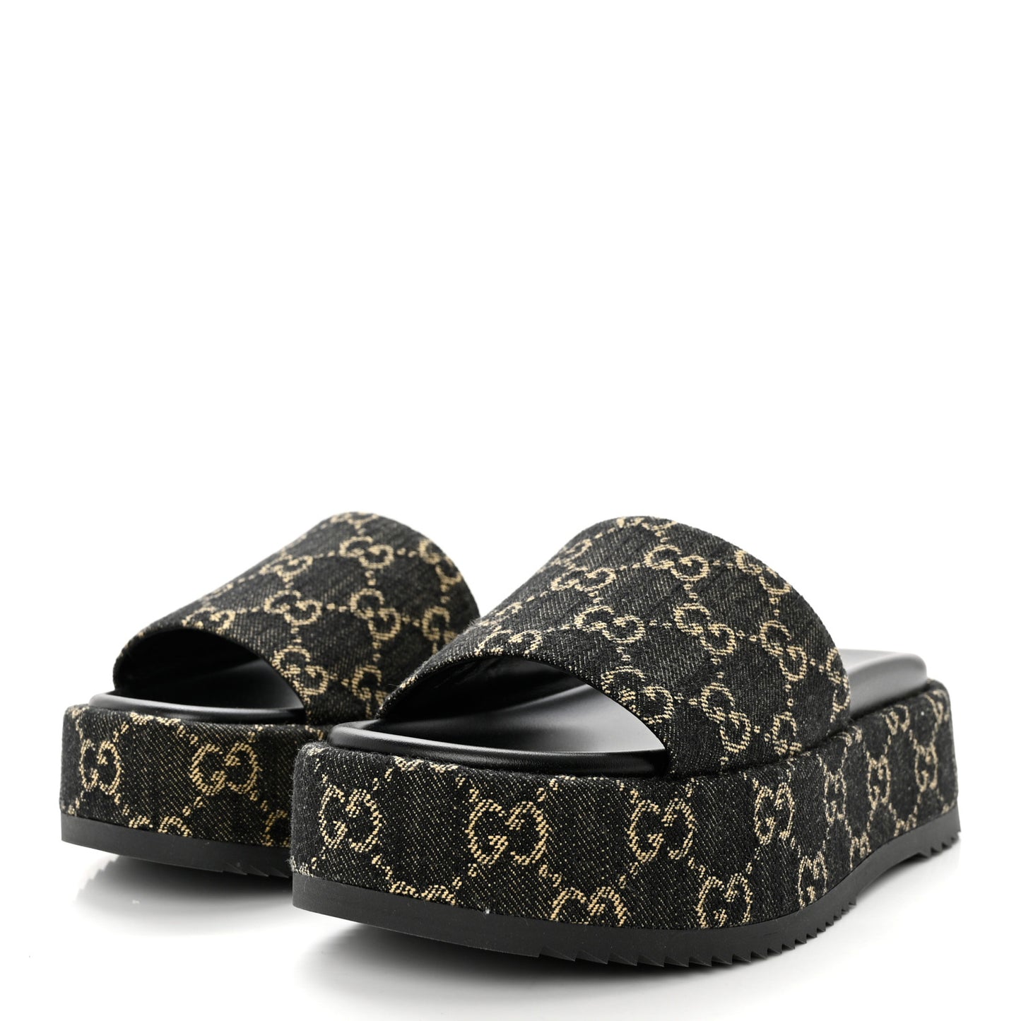 Jacquard Black Denim GG Monogram Angelina Platform 55mm Slide Sandals 36.5 Black Ivory