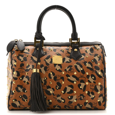 Visetos Leopard Print Boston Bag Cognac