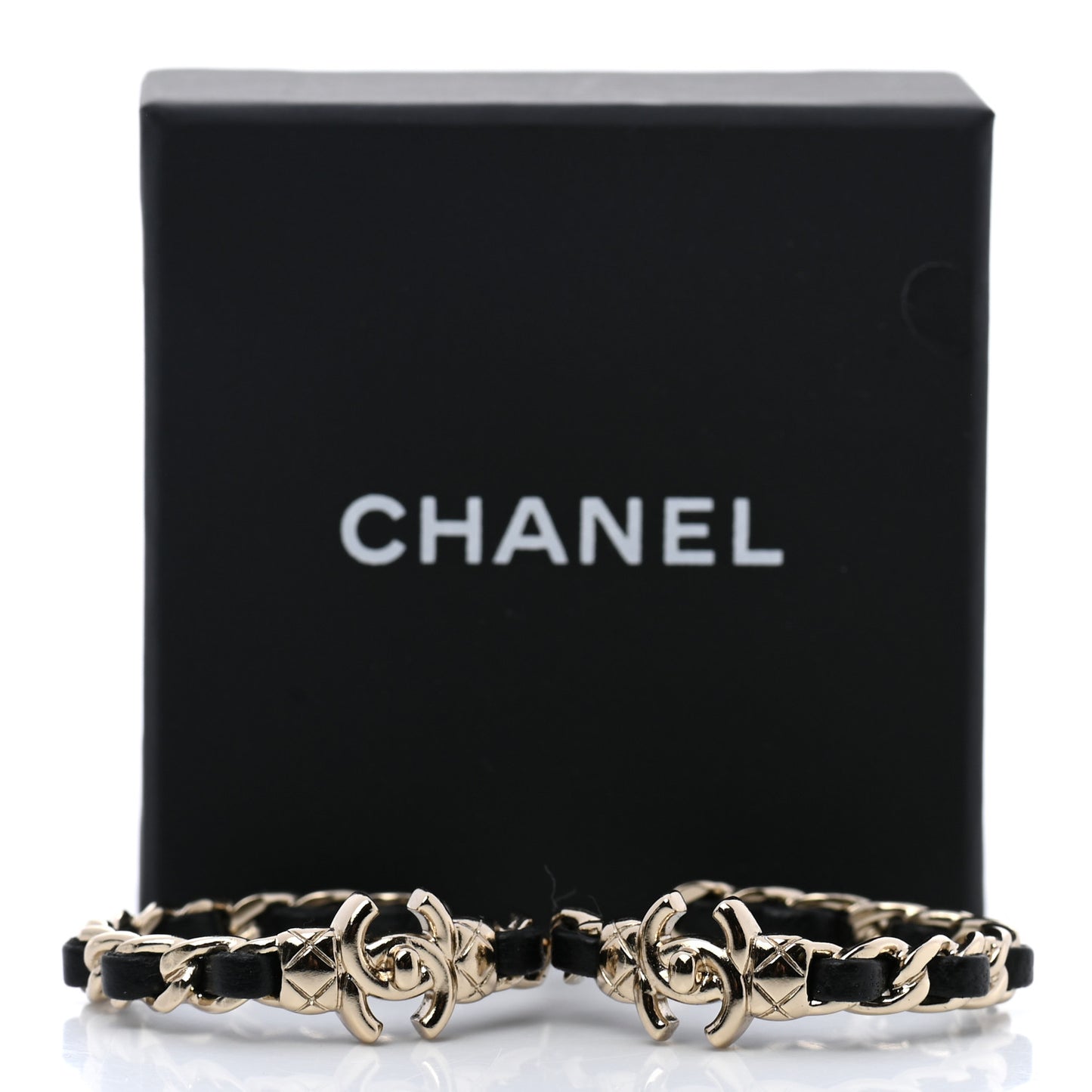 Metal Lambskin Quilted CC Turnlock Chain Hoop Earrings Gold Black