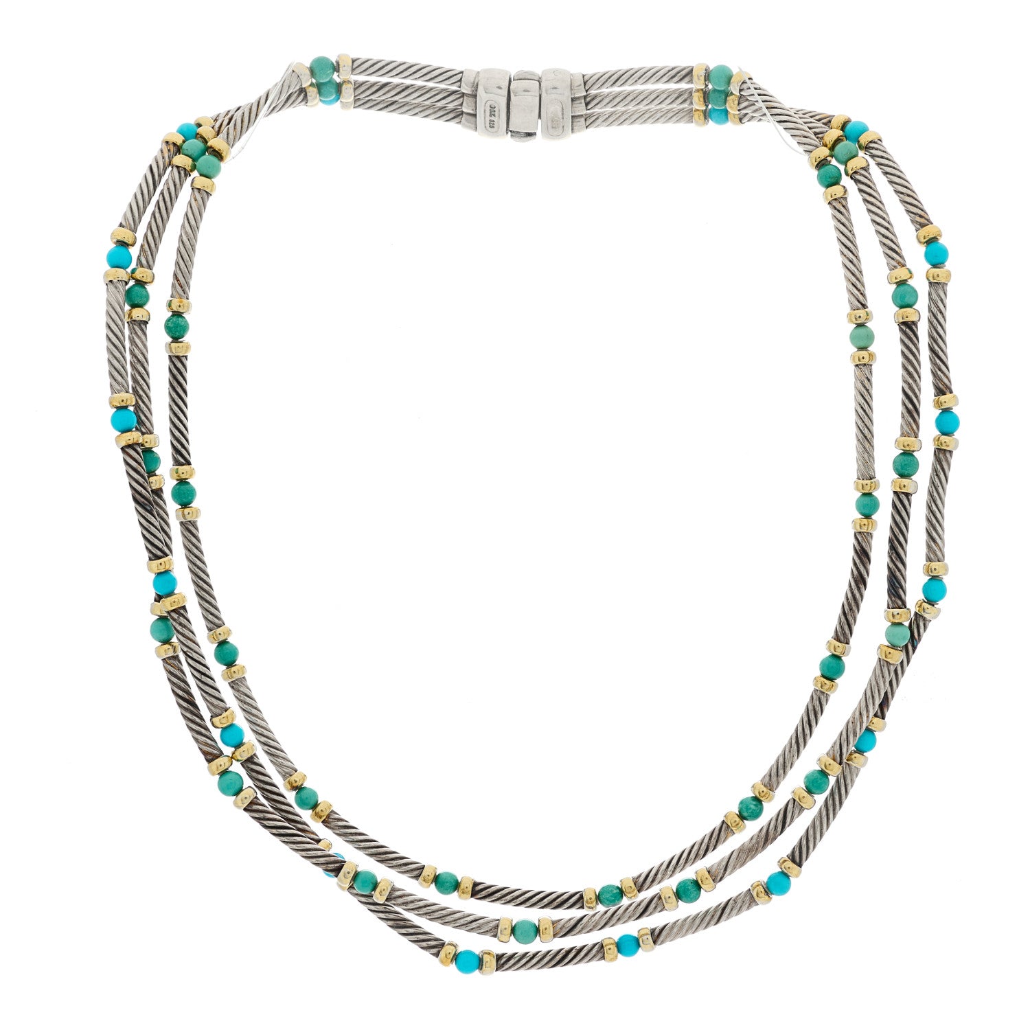 David Yurman Sterling Silver 14K Yellow Gold Turquoise Three Row Cable Choker Necklace 3 of 4
