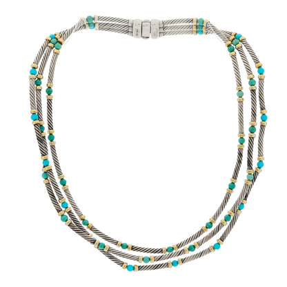 David Yurman Sterling Silver 14K Yellow Gold Turquoise Three Row Cable Choker Necklace 3 of 4